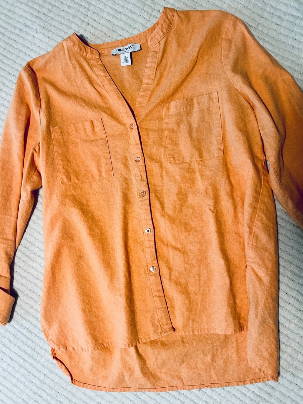 Nine West Orange Button Down Linen Cotton Blouse Cover Up - Picture 3 of 5